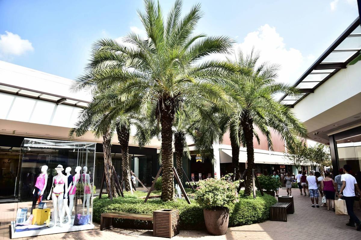 Alameda do Catarina Fashion Outlet com palmeiras e lojas
